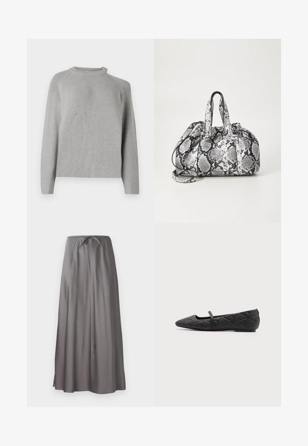 Copenhagen Muse COLIN PULLOVER - Πουλόβερ - light grey; Γκρίζα μακριά φούστα κατασκευασμένη από μαλακό, ελαφρύ ύφασμα. Διαθέτει ελαστική ζώνη με κορδόνι και πλαϊνές σχισμές για ευκολία κίνησης.; Μαύρο μυτερό επίπεδο παπούτσι με γεωμετρικά σχέδια και λεπτό λουράκι στο επάνω μέρος σε απλό φόντο.; Μαύρη και άσπρη τσάντα χειρός με σχέδιο φίδι, δύο λαβές, κλείσιμο με κορδόνι και αποσπώμενο ιμάντα ώμου. Λεία υφή.