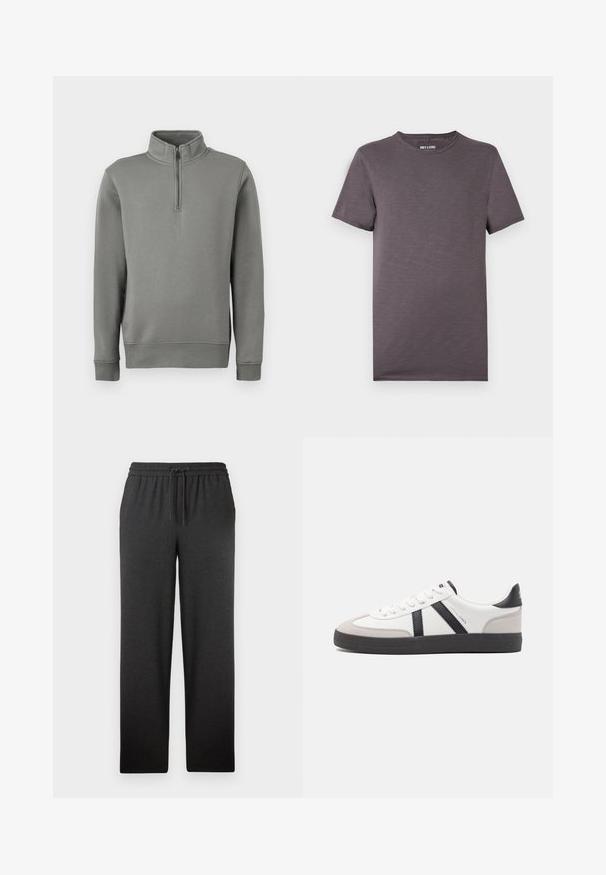 Sweat à capuche gris avec un col zippé à mi-hauteur, des poignets côtelés et un ourlet droit. Fabriqué en tissu doux avec une texture lisse.; T-shirt gris à manches courtes en tissu doux. Comprend un col rond et une finition lisse légèrement texturée. Design simple et classique.; Pantalons noirs à taille élastique avec cordon de serrage. Fabriqués en tissu doux, ils ont une coupe droite et une texture minimale. Aucun poche visible.; Baskets blanches avec des accents noirs et gris, présentant un embout texturé gris, une semelle en caoutchouc noir et des lacets plats blancs. Design épuré, style minimaliste.
