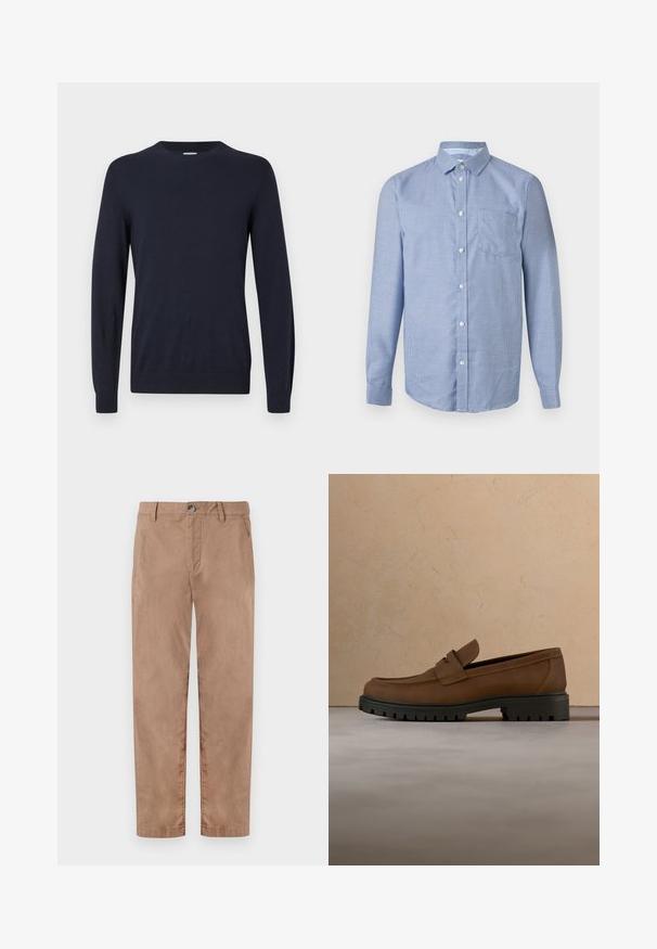 Pull en maille bleu marine avec col rond, manches longues et poignets côtelés. Texture lisse et conception légère pour le confort.; Chemise à manches longues à boutons, à petit motif à carreaux bleu et blanc, col classique et poche poitrine avant sur un fond neutre.; TOM TAILOR REGULAR WASHED - Chino - caribou beige; Mocassin en cuir marron foncé avec semelle épaisse en caoutchouc noir présenté au-dessus d’un tapis beige et d’un canapé en arrière-plan.