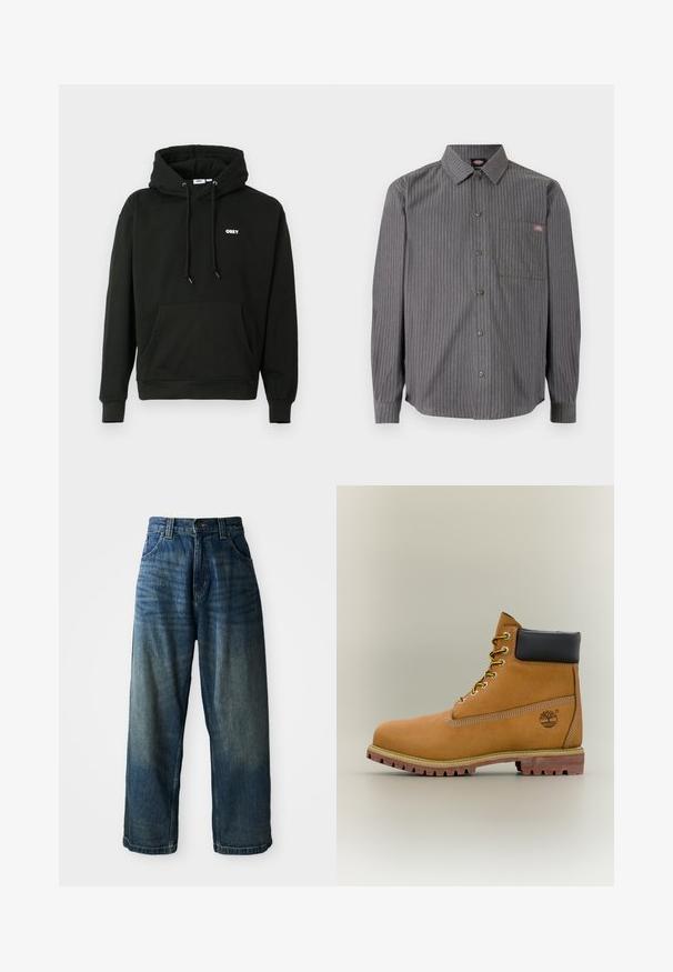 Musterniga must-hall hoodie, millel on ees kangaroo tasku, reguleeritav nööriga kapuuts ja väike valge "OBEY" logo rinnal. Pehme riie.; Hallhallane nööbitav särk, millel on õhukesed valged triibud, pikad varrukad, rinnatasku ja klassikaline krae. Valmistatud vastupidavast kangast.; Laiad sinised denim teksad, millel on kulunud viimistlus. Omab viit taskut, nupuvajutust ja kontrastseid õmblusi. Tugev kangas.; Pruun nahast pahkluu saabas musta kraega, kollaste paelte ja beežide tallaga. Omab logo ja valge õmbluse detaile. Tugeva haardega välistald.