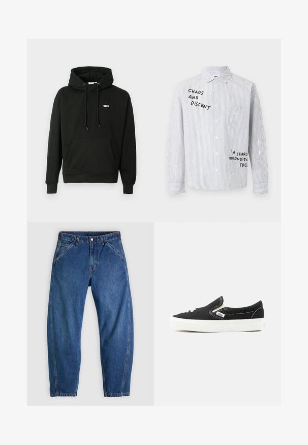 Musterniga must-hall hoodie, millel on ees kangaroo tasku, reguleeritav nööriga kapuuts ja väike valge "OBEY" logo rinnal. Pehme riie.; Valge nööbitav särk, millel on peened mustad vertikaalsed triibud ning ees must tekst "CHAOS AND DISSENT" ja "IN SEARCH UNCONDITIONAL FREE".; Sinine teksapükste lõdva lõikega, ees nööpidega sulguvad, viie taskuga ja kontrastse oranži õmblusega. Ühtlane sile tekstuur üle kogu pinna.; Mustad Vansi libisemiskindel tennisking valge kummist tallaga, valge õmblusega ja elastsete küljejelementidega, vaadates väljastpoolt.