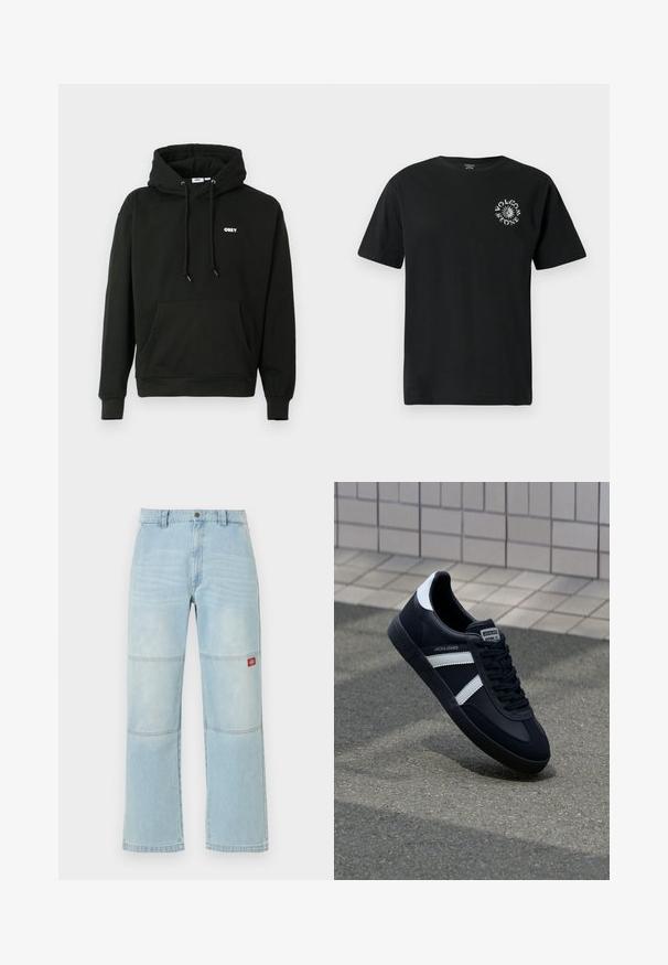 Sort hættejakke med en front kangaroo-lomme, justerbar snøre i hætten og et lille hvidt "OBEY" logo på brystet. Blødt stof.; Sort bomulds t-shirt med korte ærmer, med et hvidt grafisk logo på venstre bryst. Klassisk rund hals-design. Standard pasform.; Lyseblå viddebenjeans med knæpaneldetaljer og et lille rødt rektangulært logopatch på det højre lår.; Sort lædersneaker med hvide striber, tekstureret gummisål og snørrebånd foran. Har et brandet mærke på tungen.