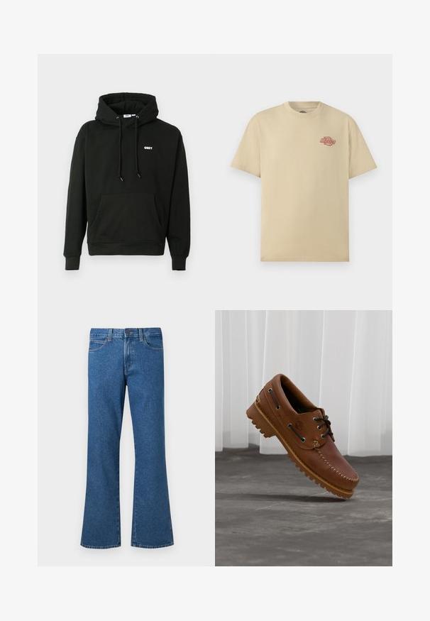 Sort hættejakke med en front kangaroo-lomme, justerbar snøre i hætten og et lille hvidt "OBEY" logo på brystet. Blødt stof.; Beige kortærmet t-shirt med rund hals og lille rød "Dickies"-logo på venstre bryst.; Blå denim flared jeans med mellemhøj talje, fem lommer, lys syning og knaplukning. Glat tekstur og ensartet farve over det hele.; Brun læder bådsko med sorte snørebånd, beige syninger og en robust sål, hængende over en grå betongulv.