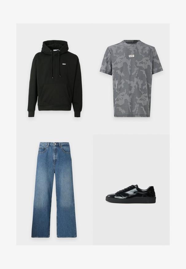Schwarzer Kapuzenpullover mit einer vorderen Kängurutasche, verstellbarem Kordelzug an der Kapuze und einem kleinen weißen "OBEY"-Logo auf der Brust. Weicher Stoff.; Graues T-Shirt mit kurzen Ärmeln, abstraktem gestreiftem Tarnmuster und mittig auf der Brust platziertem EA7 Emporio Armani Logo-Patch.; Breite blaue Denim-Jeans mit klassischem Fünf-Taschen-Design, Knopfverschluss vorne und leichtem Verblassen für Textur.; Schwarze Lackledersneaker mit runder Zehenform, Schnürdesign, strukturiertem Gummisohle und glatter Oberfläche.