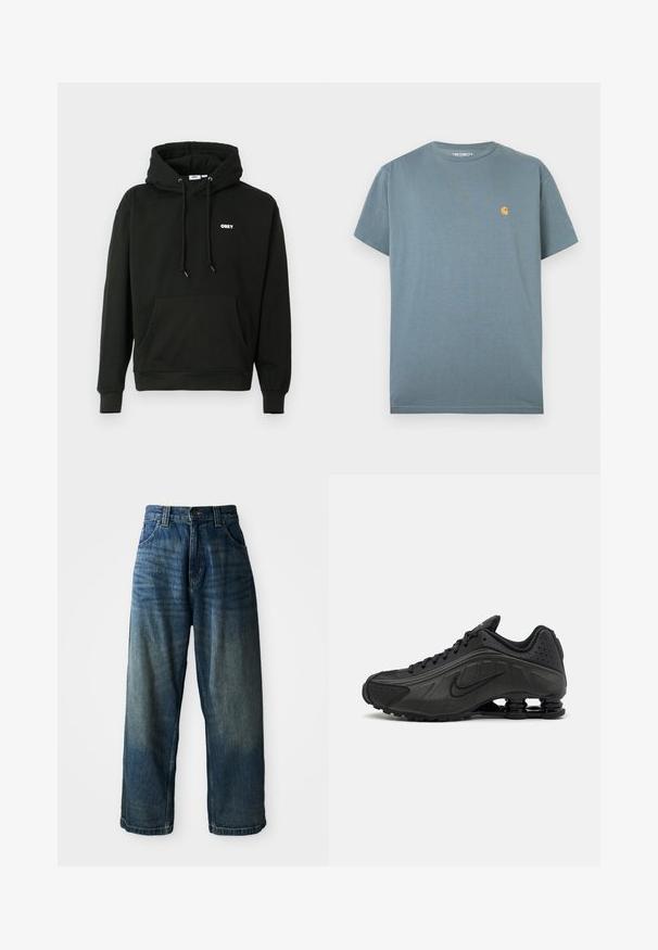 Musterniga must-hall hoodie, millel on ees kangaroo tasku, reguleeritav nööriga kapuuts ja väike valge "OBEY" logo rinnal. Pehme riie.; Sinise lühikeste varrukatega Carhartti T-särk väike kollane logo vasakul rinnal, tasapinnal valgel taustal.; Laiad sinised denim teksad, millel on kulunud viimistlus. Omab viit taskut, nupuvajutust ja kontrastseid õmblusi. Tugev kangas.; Mustad mustat jooksujalad, millel on sile sünteetiline ülemus, perforatsioonid, tekstureeritud külgpaneelid ja eristuv elastne tall.
