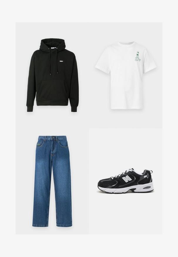 Musterniga must-hall hoodie, millel on ees kangaroo tasku, reguleeritav nööriga kapuuts ja väike valge "OBEY" logo rinnal. Pehme riie.; Valge lühikeste varrukatega T-särk, millel vasaku rinna piirkonnas väike roheline tulnuka graafika, kes kannab kotte.; Kesksinises pesus teksad, otse lõikega disain, viis taskut ja kollased õmblused.; Must värvi ja hallid spordijalatsid, mille ülemine osa on valmistatud võrgust ja nahast, valge vaheosaga, paeltega ja küljel julge "N" logo.