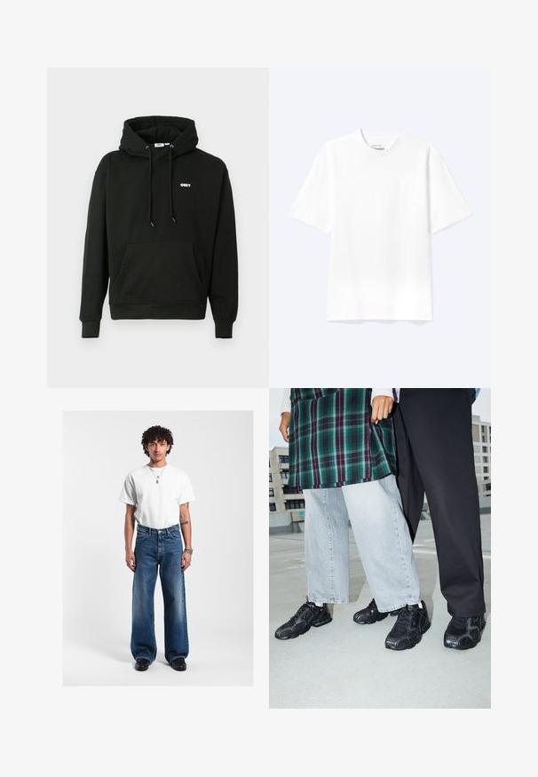 Zwart hoodie met een voorkraag zak, verstelbare trekkoord capuchon en een klein wit "OBEY" logo op de borst. Zachte stof.; Effen witte T-shirt met korte mouwen en ronde hals, met een losse pasvorm, weergegeven op een lichte achtergrond.; Witte katoenen T-shirt, losse pasvorm met korte mouwen; gecombineerd met donkerblauwe wijde denim jeans; zilveren accessoires; effen achtergrond.; Zwarte sportieve schoenen met mesh- en rubberaccenten. Draagt een lichtgrijze wijde spijkerbroek en een groen geruit shirt. Effen achtergrond.