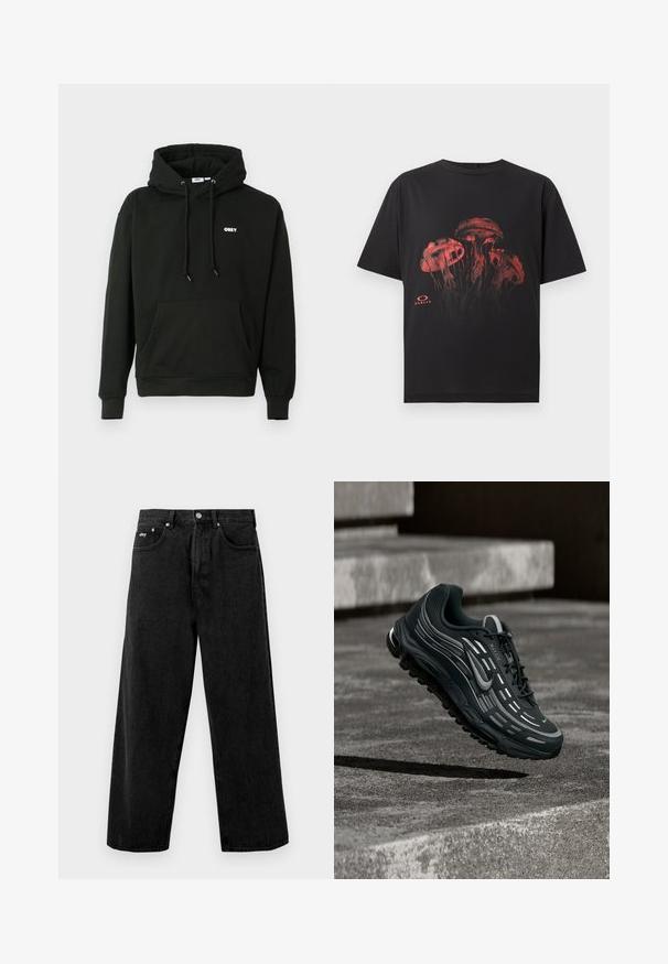 Sudadera negra con capucha que presenta un bolsillo canguro frontal, capucha ajustable con cordón y un pequeño logo blanco de "OBEY" en el pecho. Tejido suave.; Camiseta negra de manga corta con gráfico de medusa roja en el frente y pequeño logo de Oakley debajo del diseño.; Vaqueros anchos negros de mezclilla, con cierre de botones y bolsillos frontales. Sutil logo de la marca en la cintura. Textura mate.; Zapatilla Nike Air Max negra y gris flotando sobre escalones de hormigón gris con fondo de suelo texturizado.