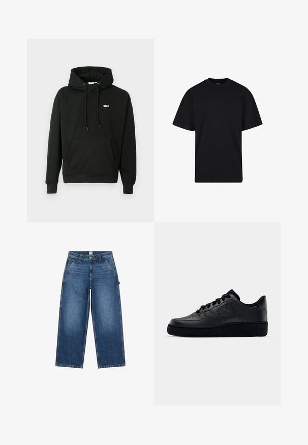 Zwart hoodie met een voorkraag zak, verstelbare trekkoord capuchon en een klein wit "OBEY" logo op de borst. Zachte stof.; Zwarte T-shirt met korte mouwen en ronde hals, een ontspannen pasvorm, eenvoudig ontwerp zonder zichtbare logo's of patronen.; Blauwe jeans met wijde pijpen, voorzakken, riemlussen, knoopsluiting en een Lee-merklabel op de tailleband.; Zwarte Nike Air Force 1 sneaker met een gladde leren bovenkant, geperforeerde neus voor ademend vermogen, zwarte veters en een getextureerde rubberen zool.