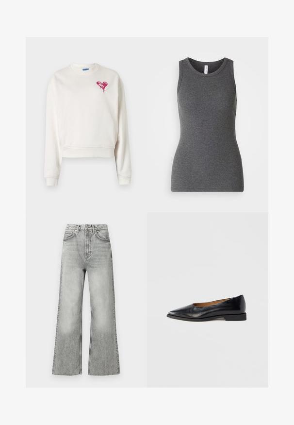 Sweat-shirt blanc court en tissu doux, avec un motif de cœur rose dégoulinant sur la poitrine et des poignets côtelés.; Débardeur gris sans manches en matière côtelée ; doté d'un col rond et d'une coupe ajustée. Sans motifs ni accents supplémentaires.; Jean en denim gris évasé avec une taille haute, une finition délavée, cinq poches et des passants pour ceinture. Détails de coutures le long des coutures.; Chaussure plate en cuir noir avec un bout pointu et un petit talon carré. Texture lisse, design minimaliste, sans éléments métalliques visibles ni motifs.