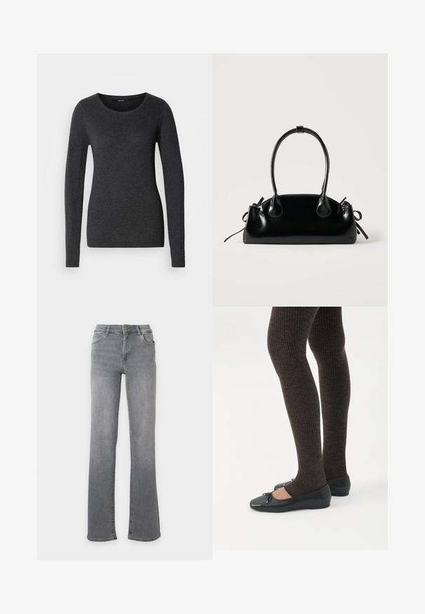 Pull gris foncé à manches longues avec un col rond, une texture douce et un motif subtil sur le devant et les manches.; Jean gris en denim à coupe droite, avec poches avant, passants de ceinture et fermeture à bouton.; Jambes portant des leggings côtelés foncés associés à des ballerines noires avec de petits détails en nœud sur fond blanc.; Petit sac à main noir brillant avec deux longues anses et des détails à cordon sur les côtés sur un fond clair uni.