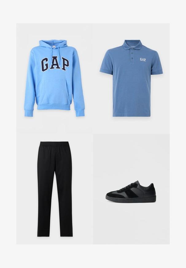 Sweat à capuche bleu clair avec poche kangourou avant et grandes lettres noires GAP bordées de blanc sur la poitrine, avec capuche ajustable à cordon.; Polo bleu à manches courtes avec trois boutons et logo EA7 Emporio Armani blanc sur la poitrine gauche.; Pantalon noir droit avec taille élastique, sans poches visibles ni motifs, présenté à plat sur un fond clair.; Baskets noires combinant cuir lisse et daim, avec une semelle en caoutchouc noire texturée et un détail de rayures discrètes.