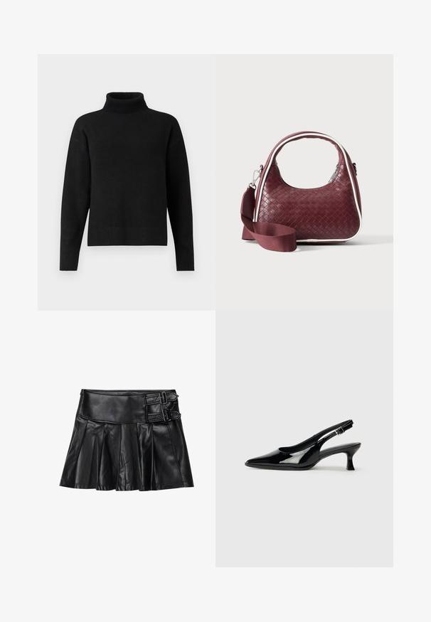 Sort turtleneck sweater lavet af blødt strikket stof. Har ribbet kant, lange ærmer og en afslappet pasform. Simpelt og alsidigt design.; Sort læderskirt med pliser, bred talje og to spænde-accenter på siden. Glat tekstur med en blank finish.; Sorte patenterede slingback-sko med spidse tæer og lav blokhæl. Justerbar spænde-rem ved anklen.; Mørkerød vævet lædertaske med buet hank, hvid kant, sølv lynlås og aftagelig bred stofskulderrem mod en ensfarvet baggrund.