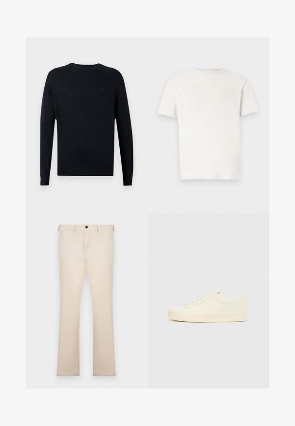 Pull noir marine à manches longues en tricot avec un col rond et des poignets côtelés. Présente un logo discret sur la poitrine.; T-shirt blanc uni à manches courtes et col rond, présenté de face sur un fond gris clair.; Pantalon beige droit avec passants pour ceinture, fermeture par bouton et poches avant, présenté sur un fond clair uni.; Baskets couleur crème avec une tige en cuir lisse, bout arrondi, laçage à l'avant et semelle en caoutchouc texturée. Design minimaliste, sans logo.