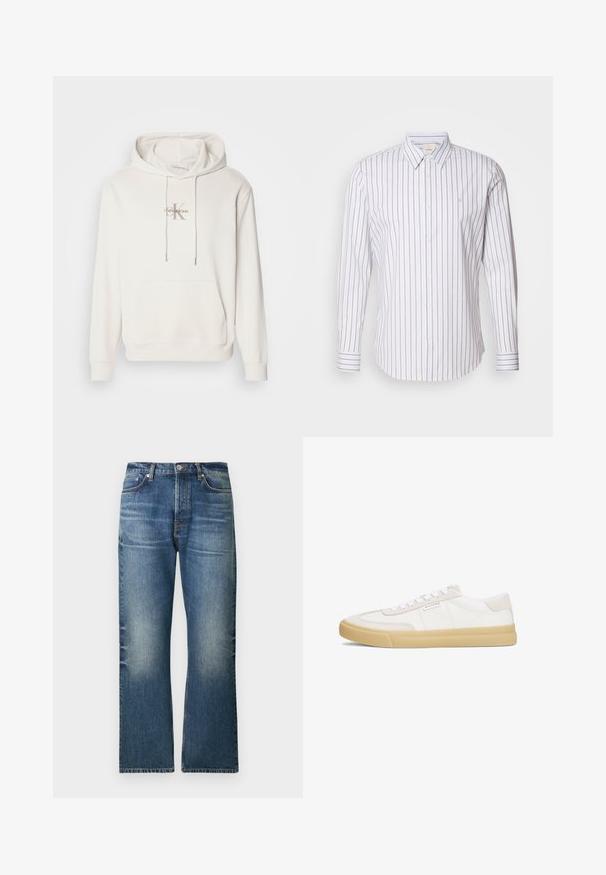 Valge kapuutsiga dressipluus pehmest kangast; sisaldab ees kangaroo-taskut, soonikkoes varrukaid ja logo, millel on "Calvin Klein" stiliseeritud "K" kohal.; Calvin Klein SLIM FIT - Pluus - gray marble; Hele sinise tendiga teksapüksid sirge säärega, millel on pleekinud alad, viis taskut ja klassikalise nööbi sulgemine vöökoha juures.; Valged nahast ja sametist tossud, millel on nööridega disain, pruun kummist tallal ja väike logo küljel.