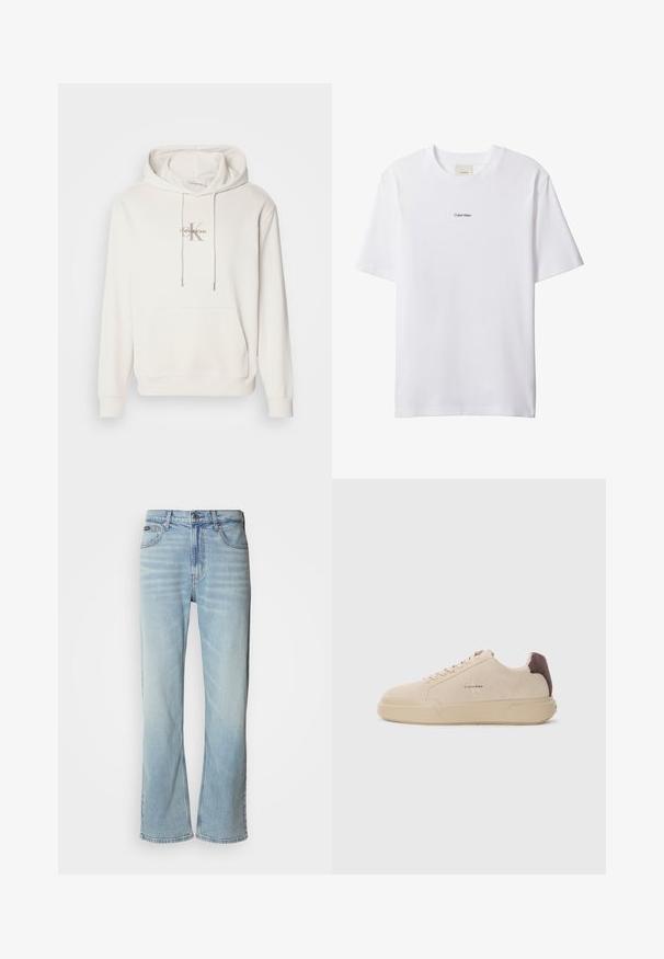 Sudadera blanca con capucha en tejido suave; presenta un bolsillo canguro frontal, puños acanalados y un logo con "Calvin Klein" sobre una "K" estilizada.; Camiseta blanca de algodón con cuello redondo y mangas cortas. Cuenta con un pequeño logo negro de "Calvin Klein" centrado en el pecho.; Jeans de mezclilla azul claro con corte recto, que cuentan con cinco bolsillos, un cierre de botón y un ligero desvanecimiento en la tela.; Zapatilla de ante beige con punta redondeada, cordones en la parte frontal y un acento de ante marrón en el talón. Cuenta con una suela de goma texturizada.