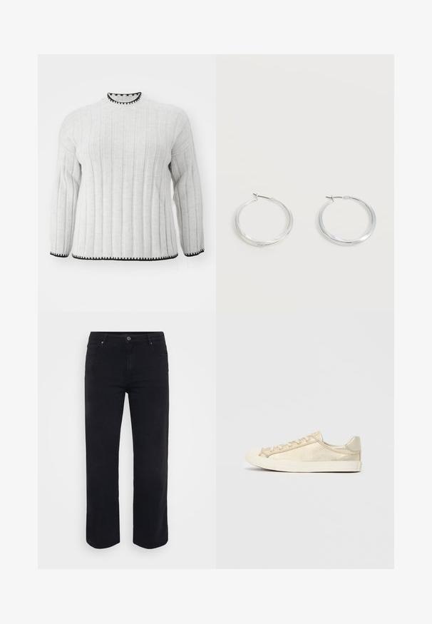 Lys grå ribbet sweater med lange ærmer, der har en sort kant ved den høje halsudskæring og kanten. Blød tekstur og afslappet design.; Sorte denimjeans med lige ben-design. Funktioner inkluderer en knaplukning i taljen, bæltestropper og front-/baglommer. Glat tekstur.; Beige lædersneaker med et lavt design, rund tå og overdel i kanvas. Funktioner inkluderer hvid gummisål og matchende snørebånd. Minimalistisk æstetik.; Sølvfarvede metaloorringe med glat, let buet overflade og låsemekanisme på en ensfarvet hvid baggrund.