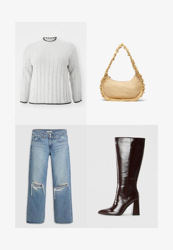 Lys grå ribbet sweater med lange ærmer, der har en sort kant ved den høje halsudskæring og kanten. Blød tekstur og afslappet design.; Lyseblå denimjeans med lige, brede ben, der har betydelige huller nær knæene og frynset kant. Knap- og lynlåslukning.; Knehøje brune læderstøvler med en blank finish, spids tå og bred blokhæl. Glat tekstur og elegant design.; Struktureret beige taske med en rund form, frynset kant langs kanterne og en kort rem til at bære. Lynlåsåbning på toppen.