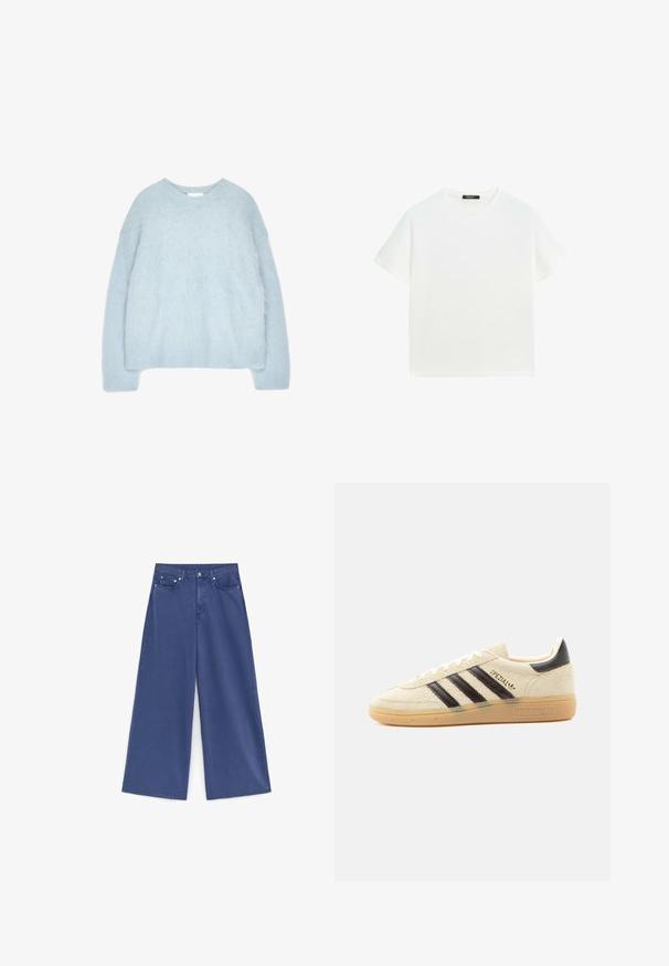 Pull bleu clair en tricot fabriqué à partir d'un matériau doux et duveteux. Il présente un col rond et des manches longues avec des poignets et un ourlet côtelés.; T-shirt blanc uni à manches courtes, col rond, ourlet droit et petite étiquette noire à l'intérieur du col.; Jean taille haute à jambes larges en denim bleu uni avec poches avant, passants de ceinture et fermeture par bouton.; Baskets en daim crème avec des rayures noires, semelle en gomme, languette noire au talon et texte doré "SPEZIAL" sur le côté.