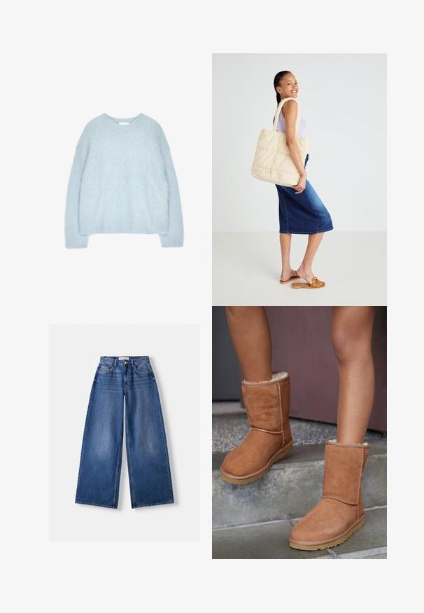 Lyseblå hættetrøje strikket af blødt, fluffy materiale. Har en rund halsudskæring og lange ærmer med ribstrikkede manchetter og kant.; Bredbenet blå denimjeans med forlommer, bæltestropper og knaplukning, lagt fladt på en lys baggrund.; Brune ruskind ankelstøvler med rund tå, blødt foer og gummisål, der har synlige stikninger langs sømmene.; Quiltet beige tote bag med tykke håndtag, rummelig design og blød tekstur, holdt af en person iført en lys lilla top og blå denimnederdel.