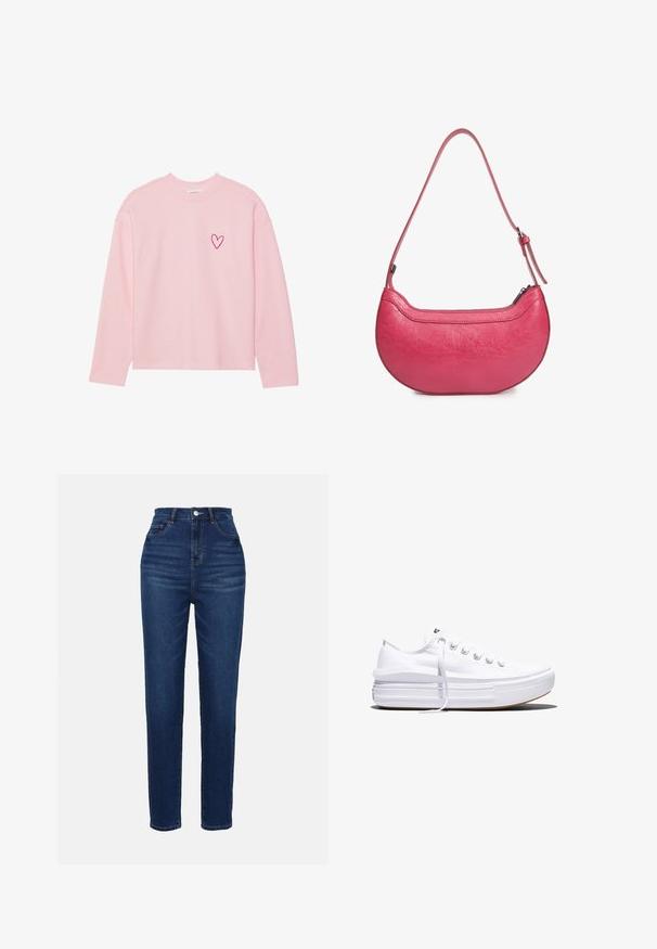 Sweatshirt à manches longues rose clair en tissu doux. Présente un petit cœur brodé sur la poitrine gauche. Col et poignets côtelés.; Jeans en denim bleu taille haute avec une coupe slim. Dispose de cinq poches et d'une fermeture à bouton. Texture lisse et répartition uniforme de la couleur.; Baskets basses blanches en toile avec semelle plateforme épaisse, lacets sur le devant et embout en caoutchouc texturé, vues de profil.; Sac à main en cuir rose avec une forme incurvée, une seule bandoulière réglable et une fermeture éclair sur le dessus. Fini texturé avec des plis visibles.