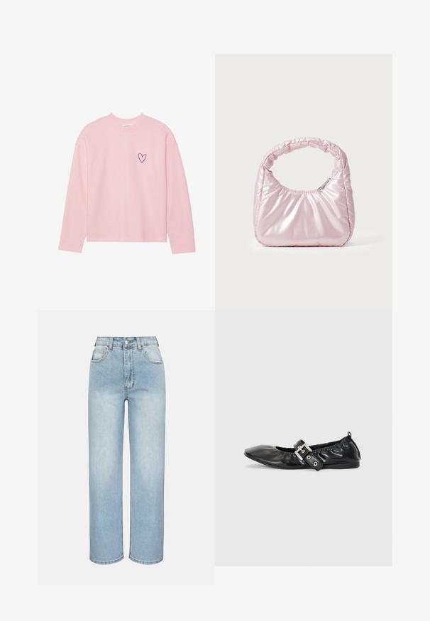 Helles rosa Sweatshirt mit langen Ärmeln aus weichem Material. Mit einem kleinen gestickten Herz auf der linken Brust. Rippbündchen am Kragen und an den Ärmeln.; Hellblaue Jeans mit hoher Taille, geradem Bein, Frontknopf, Reißverschluss, Gürtelschlaufen und Fünf-Taschen-Design vor einfachem Hintergrund.; Schwarze Leder-Ballerinas mit spitzem Zehenbereich, gerafften Details am Schaft und einem silbernen Schnallenakzent am verstellbaren Riemen.; Rosa, gepolsterte Handtasche mit abgerundeter Form, aus glänzendem Material gefertigt. Verfügt über einen gerafften Griff und einen Reißverschluss für sicheren Zugang.