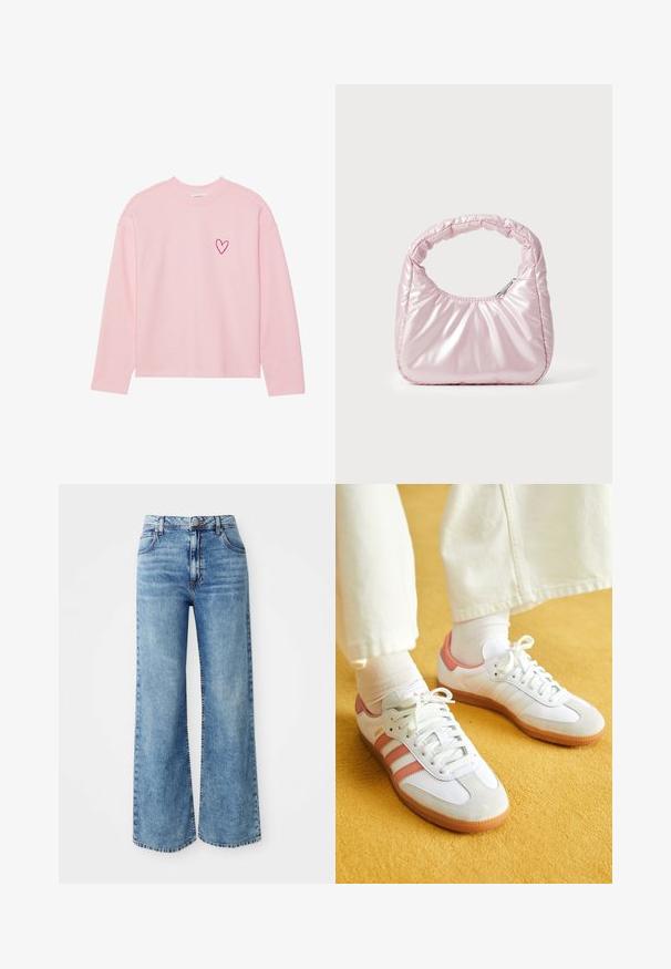 Sweatshirt à manches longues rose clair en tissu doux. Présente un petit cœur brodé sur la poitrine gauche. Col et poignets côtelés.; Jeans larges en denim bleu clair avec une taille haute, dotés de cinq poches, d'une fermeture par bouton supérieur et de surpiqûres contrastées le long des coutures.; Baskets blanches avec des accents roses, en matériaux de daim et de cuir, à bout rond et semelle en caoutchouc, présentées avec des chaussettes claires sur un fond jaune.; Sac à main rose rembourré avec un design arrondi, fabriqué à partir d'un matériau brillant. Dispose d'une poignée froncée et d'une fermeture éclair pour un accès sécurisé.