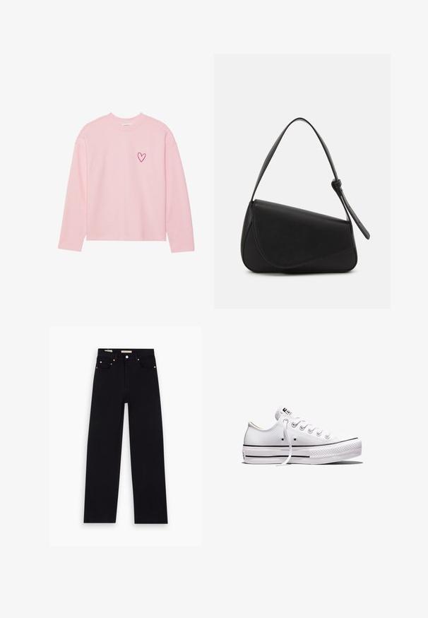 Helles rosa Sweatshirt mit langen Ärmeln aus weichem Material. Mit einem kleinen gestickten Herz auf der linken Brust. Rippbündchen am Kragen und an den Ärmeln.; Schwarze Denim-Jeans mit geradem Schnitt, fünf Taschen, Kupferbeschlägen und einer glatten Textur. Zwei Etiketten sind am Bund sichtbar.; Weißer Sneaker aus Segeltuch mit niedrigem Schnitt, weißen Schnürsenkeln, Gummisohle, schwarzen Streifendetails und Logopatch auf der Zunge und Ferse.; Schwarze Lederhandtasche mit dreieckiger Form, schrägem Klappdeckel und rundem Oberhandgriff. Verfügt über eine glatte Textur und minimalistische Designdetails.