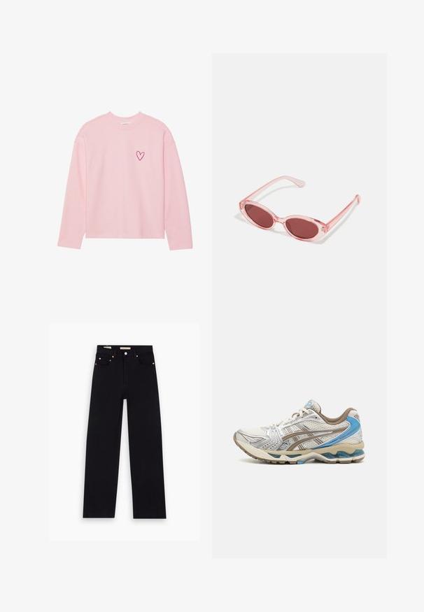 Helles rosa Sweatshirt mit langen Ärmeln aus weichem Material. Mit einem kleinen gestickten Herz auf der linken Brust. Rippbündchen am Kragen und an den Ärmeln.; Schwarze Denim-Jeans mit geradem Schnitt, fünf Taschen, Kupferbeschlägen und einer glatten Textur. Zwei Etiketten sind am Bund sichtbar.; Weißer und beiger Laufschuh mit blauen Akzenten, Mesh-Obermaterial, gepolsterter Sohle und Schnürdesign, von der Außenseite gezeigt.; Pink transparente Sonnenbrille mit ovalen Gläsern, dunkler roter Tönung und schlanken Bügeln, ausgestattet mit einer glatten Oberfläche und dezenten Details am Rahmen.