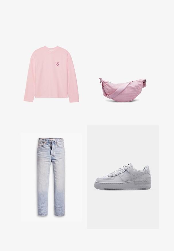 Helles rosa Sweatshirt mit langen Ärmeln aus weichem Material. Mit einem kleinen gestickten Herz auf der linken Brust. Rippbündchen am Kragen und an den Ärmeln.; Helle blaue Denim-Jeans mit geradem Bein, ausgestattet mit einem Knopfverschluss, fünf Taschen und dezenten Ausbleichungen entlang der Beine.; Graue Nike Air Force 1 Sneaker mit perforierter Zehenpartie, Obermaterial aus glattem Leder, dicker Sohle und geprägtem 'AIR'-Detail an der Ferse.; Rosa Mesh-Schultertasche mit geschwungener Form, ausgestattet mit einem glatten Tragegurt und einem Reißverschluss. Das strukturierte Material verbessert die Atmungsaktivität.
