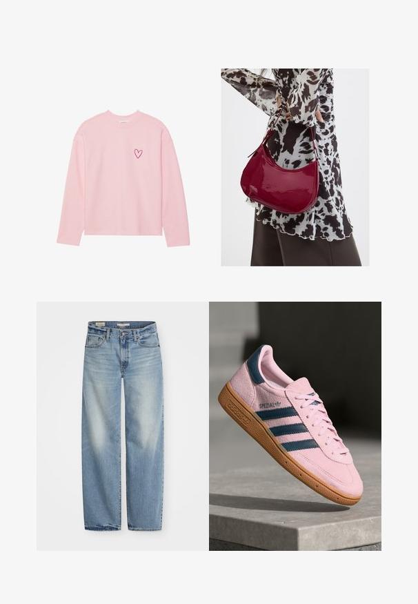 Sweatshirt à manches longues rose clair en tissu doux. Présente un petit cœur brodé sur la poitrine gauche. Col et poignets côtelés.; Jeans large en denim bleu clair. Comprend un bouton et une fermeture éclair, cinq poches, et une finition délavée avec un ourlet légèrement usé.; Baskets en daim rose clair avec trois rayures bleu marine, semelle en caoutchouc et lacets rose clair. Présente un logo "SPEZIAL" sur le côté.; Femme portant un chemisier à motif noir et blanc tenant un sac à main rouge brillant sur un fond uni.