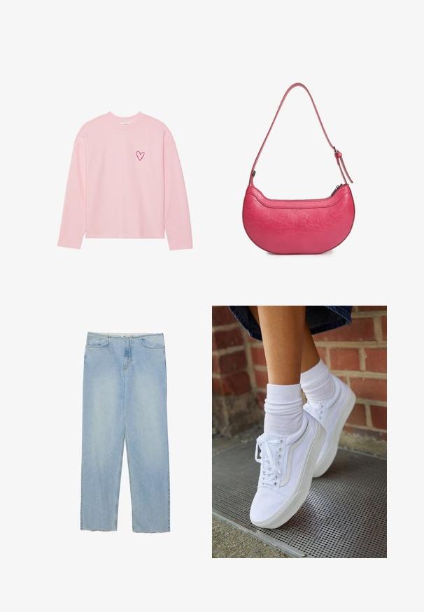 Helles rosa Sweatshirt mit langen Ärmeln aus weichem Material. Mit einem kleinen gestickten Herz auf der linken Brust. Rippbündchen am Kragen und an den Ärmeln.; Hellblaue Denim-Jeans mit geradem Schnitt, hoher Taille, fünf Taschen und fransigen Saumdetails.; Weiße Leinensneaker mit Gummisohlen, ausgestattet mit sechs Ösen, runder Zehenpartie und dezenten Nähten, kombiniert mit weißen Knöchelsocken.; Rosa Lederhandtasche mit einer geschwungenen Form, einem einzigen verstellbaren Schulterriemen und einem Reißverschluss oben. Strukturierte Oberfläche mit sichtbaren Falten.