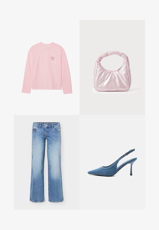 Sweatshirt à manches longues rose clair en tissu doux. Présente un petit cœur brodé sur la poitrine gauche. Col et poignets côtelés.; Jean en denim bleu clair avec une jambe légèrement évasée, style cinq poches, et une fermeture avant à boutons et zip.; Chaussure à talon haut slingback en denim bleu à bout pointu avec détails œillets argentés et bride réglable à boucle.; Sac à main rose rembourré avec un design arrondi, fabriqué à partir d'un matériau brillant. Dispose d'une poignée froncée et d'une fermeture éclair pour un accès sécurisé.