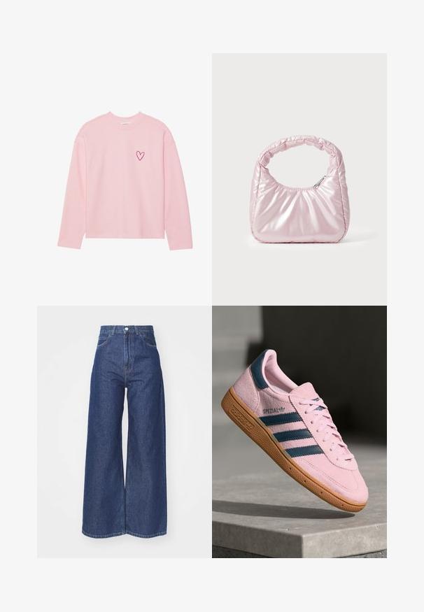 Sweatshirt à manches longues rose clair en tissu doux. Présente un petit cœur brodé sur la poitrine gauche. Col et poignets côtelés.; Jean large en denim bleu foncé. Conception taille haute avec fermeture éclair et bouton. Présente une coupe classique à cinq poches et des bords ourlés.; Baskets en daim rose clair avec trois rayures bleu marine, semelle en caoutchouc et lacets rose clair. Présente un logo "SPEZIAL" sur le côté.; Sac à main rose rembourré avec un design arrondi, fabriqué à partir d'un matériau brillant. Dispose d'une poignée froncée et d'une fermeture éclair pour un accès sécurisé.