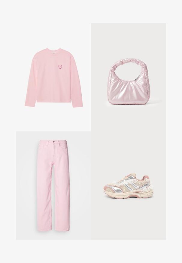Sweatshirt à manches longues rose clair en tissu doux. Présente un petit cœur brodé sur la poitrine gauche. Col et poignets côtelés.; Jean en denim rose clair avec une coupe droite, doté d'une fermeture éclair et d'un bouton à l'avant, ainsi que d'un style à cinq poches. Texture douce et coutures solides.; Baskets sportives beige et rose avec des accents argentés, tissu en mesh, semelle épaisse et détails décoratifs en lacets blancs sur un fond clair uni.; Sac à main rose rembourré avec un design arrondi, fabriqué à partir d'un matériau brillant. Dispose d'une poignée froncée et d'une fermeture éclair pour un accès sécurisé.