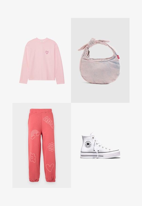Sweatshirt à manches longues rose clair en tissu doux. Présente un petit cœur brodé sur la poitrine gauche. Col et poignets côtelés.; Pantalon de survêtement corail rose avec taille et poignets élastiques, décoré de contours rose clair d'un arc-en-ciel, de fleurs, d'un cœur et du mot « Amor ».; Baskets blanches montantes Converse Chuck Taylor All Star avec des rayures noires et un patch logo sur le côté, présentées sur un fond blanc uni.; Sac à main en denim rose clair en forme de croissant avec une bandoulière nouée et une étiquette rouge Levi's sur un fond uni.