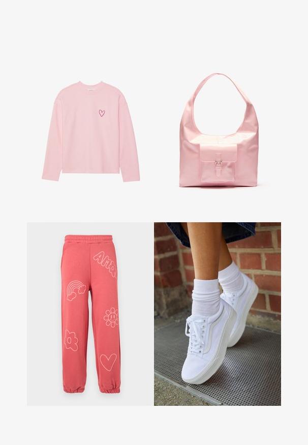 Sweatshirt à manches longues rose clair en tissu doux. Présente un petit cœur brodé sur la poitrine gauche. Col et poignets côtelés.; Pantalon de survêtement corail rose avec taille et poignets élastiques, décoré de contours rose clair d'un arc-en-ciel, de fleurs, d'un cœur et du mot « Amor ».; Baskets en toile blanches avec semelles en caoutchouc, dotées de six œillets, d'un bout rond et de détails de couture légers, portées avec des chaussettes blanches mi-mollet.; Sac à main rose avec une finition brillante, grande bandoulière, poche avant avec un détail de boucle décoratif. Texture lisse, design minimaliste.