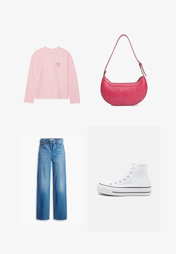 Sweatshirt à manches longues rose clair en tissu doux. Présente un petit cœur brodé sur la poitrine gauche. Col et poignets côtelés.; Jeans en denim bleu à taille haute, design à jambes larges et style à cinq poches. Présente un zip à bouton et une finition délavée.; Baskets montantes blanches en toile, semelle en caoutchouc noir et bande noire contrastante sur la semelle intermédiaire. Bout rond et design à lacets.; Sac à main en cuir rose avec une forme incurvée, une seule bandoulière réglable et une fermeture éclair sur le dessus. Fini texturé avec des plis visibles.