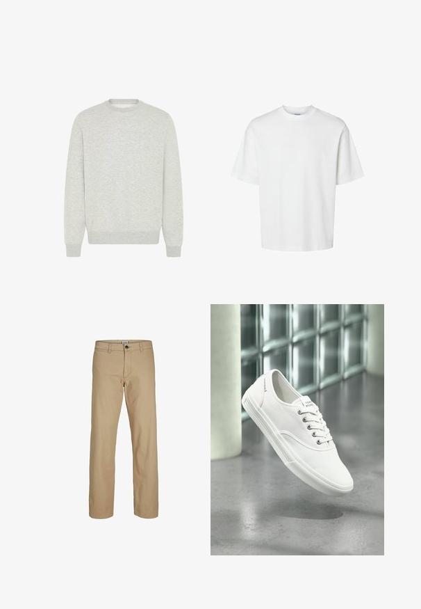 Lys grå sweatshirt lavet af blødt stof, med rund hals, lange ærmer, ribbede manchetter og et enkelt design uden mønstre eller detaljer.; Enkel hvid t-shirt med korte ærmer, rund hals og løs pasform vist på hvid baggrund.; Beige bukser med lige ben, knaplukning, bæltestropper og forlommer, vist mod en hvid baggrund.; Hvid lavtop lærredssneaker med snørebånd, mærket Tommy Hilfiger, vist svævende over en glat grå gulv nær en væg af glasblokke.