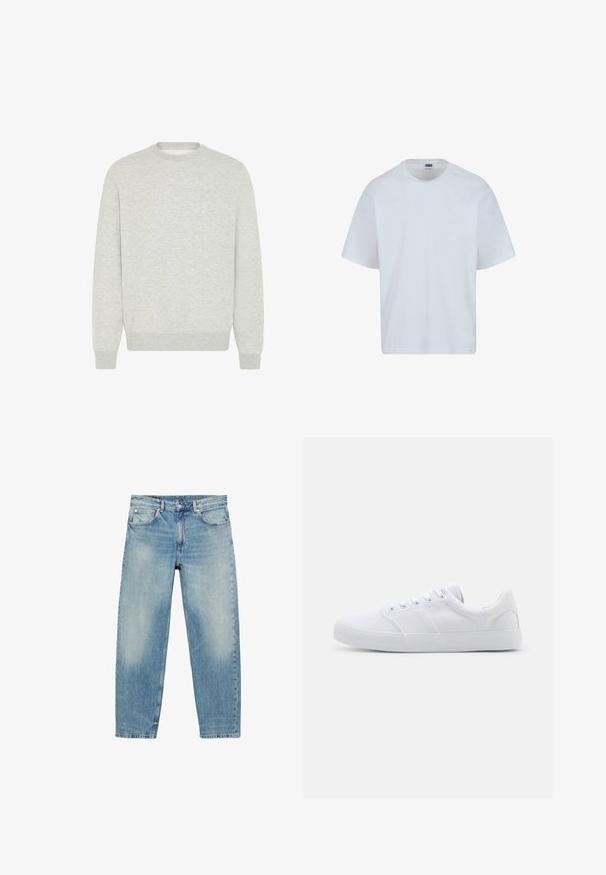Sweatshirt gris clair en tissu doux, avec un col rond, des manches longues, des poignets côtelés et un design uni sans motifs ni accents.; T-shirt en coton blanc avec un col rond, des manches courtes et une coupe droite. Présente des détails de couture subtils sur les épaules.; Jean droit en denim bleu avec poches avant et passants de ceinture, présentant des détails légèrement décolorés sur les cuisses et les genoux.; Baskets en toile blanches avec une semelle en caoutchouc, dotées de six œillets, d'un embout texturé et d'un design minimaliste.
