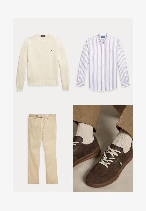 Kremfarvet strikket langærmet sweater med ribstrikkede manchetter og kant, med et lille navy Polo Ralph Lauren-logo på brystet.; Hvid skjorte med lange ærmer med lodrette lyse lilla striber, knaplukket krave og lille broderet logo på brystet.; Beige bukser med lige ben, bæltestropper og frontlynlås, lagt fladt mod en hvid baggrund.; Brune ruskindssneakers med hvide snørebånd båret med beige ribstrikkede sokker og lysebrune bukser.