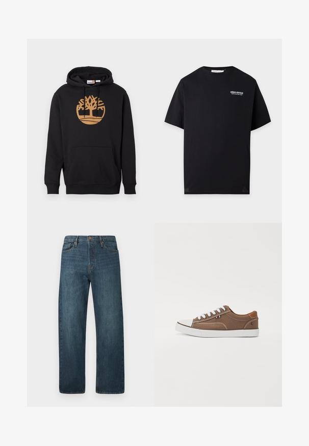 Zwarte hoodie van katoen, met een groot bruin boomborduurwerk op de voorkant, een voorkantzak en een capuchon met trekkoorden. Glad textuur.; Zwart T-shirt met korte mouwen met witte "Urban Heritage" tekst en kleine slogan op de bovenste linkerborst, ronde hals.; Donkerblauwe straight-leg denim jeans met vijf zakken, knoopsluiting en riemlussen op een effen witte achtergrond.; Bruine canvas sneakers met witte veters, rubberen neuskap en contrasterende tan accenten op de hiel, met een klein driekleurig embleem.