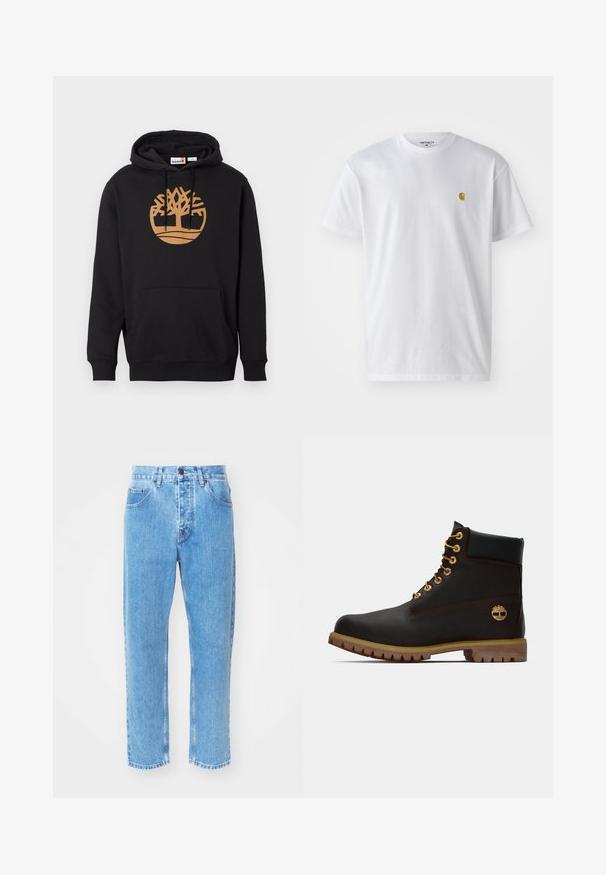 Sort hætte sweatshirt lavet af bomuld, med et stort brunt trælogo på forsiden, en frontlomme og snøre i hætten. Glat tekstur.; Hvid bomulds t-shirt med korte ærmer, rund hals og et lille guld logo på venstre brystområde. Blød tekstur og almindelig pasform.; Lyseblå denimjeans har en lige ben-design, fem lommer og en klassisk knaplukning i taljen.; Sorte læder ankelstøvle med gyldne øjer, brune detaljer og gummisål. Har en polstret krave og præget logo på siden.