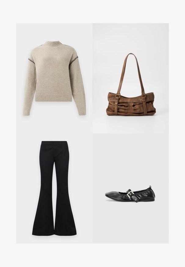 Pull en tricot beige avec un col montant côtelé, des poignets et un ourlet, présentant des détails de surfilage noir aux épaules et sur les manches supérieures.; Pantalons évasés noirs en tissu lisse, dotés d'un haut ajusté et de jambes larges, sans ornements visibles ni poches.; Chaussure plate en cuir noir avec un nez pointu, des détails froncés autour de l'ouverture et un accent en boucle argentée sur la bride ajustable.; Even&Odd Sac à main - brown