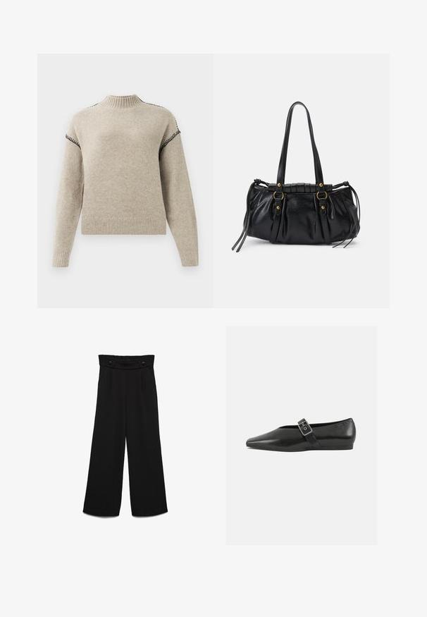 Pull en tricot beige avec un col montant côtelé, des poignets et un ourlet, présentant des détails de surfilage noir aux épaules et sur les manches supérieures.; Pantalon noir à jambes larges avec une taille haute, doté de deux boutons à l'avant et d'une texture lisse. Coupe droite avec des plis à l'avant.; Chaussure plate en cuir noir avec un orteil pointu, présentant une sangle à boucle métallique sur le cou-de-pied et une semelle basse et flexible.; Sac à main en cuir noir avec une forme arrondie, deux poignées, des accents en matériel décoratif et des détails de liens sur les côtés. Texture lisse et brillante.