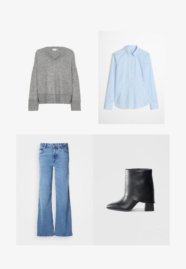 Suéter gris de punto con escote en V, corte oversized, mangas anchas y puños acanalados. Textura suave; diseño sin costuras, sin patrones ni adornos.; Camisa de botones azul claro con mangas largas, cuello clásico y un logo sutil bordado en el pecho. Tejido liso y impecable.; Vaqueros de pierna ancha azul claro hechos de mezclilla. Presentan un diseño clásico de cinco bolsillos y una bragueta con botones visibles. Textura suave y acabado sin adornos.; Bota de cuero negro hasta el tobillo con punta afilada, textura suave y un tacón bloque estructurado. Presenta un diseño de puño alto y doblado.