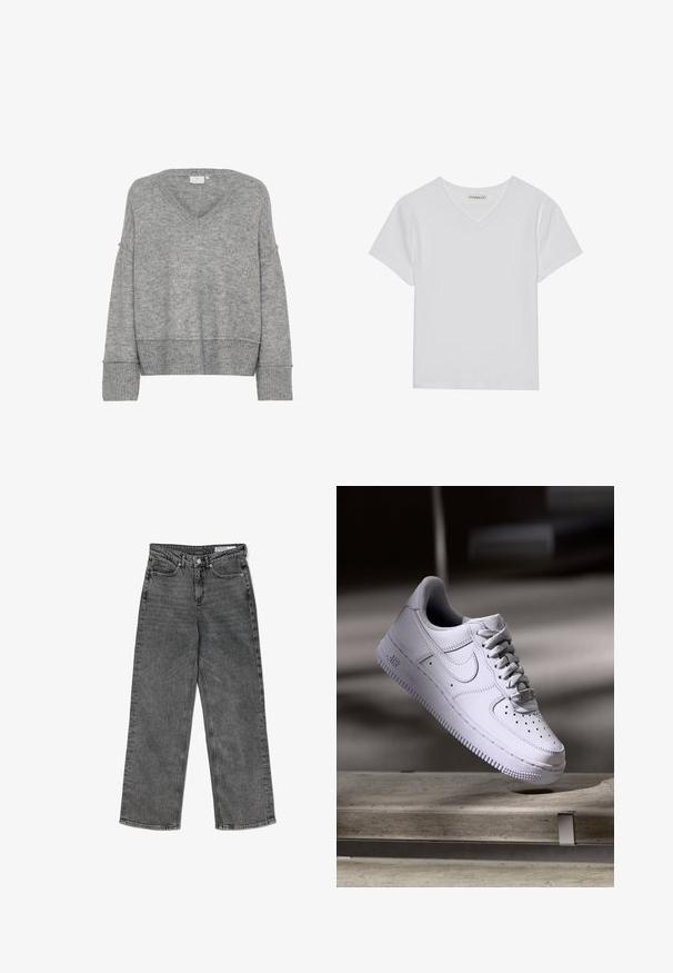 Pull en tricot gris avec un col en V, coupe oversize, manches larges et poignets côtelés. Texture douce ; design sans couture sans motifs ni embellissements.; T-shirt blanc à manches courtes en V, en tissu côtelé. Présente un design épuré avec un ourlet droit et un minimum de détails.; Jean droit taille haute noir délavé avec poches avant, passants de ceinture, fermeture à bouton et étiquette de marque à l'intérieur de la ceinture.; Baskets Nike Air Force 1 blanches lévitant au-dessus d'une surface en béton avec des ombres dans un cadre minimaliste.