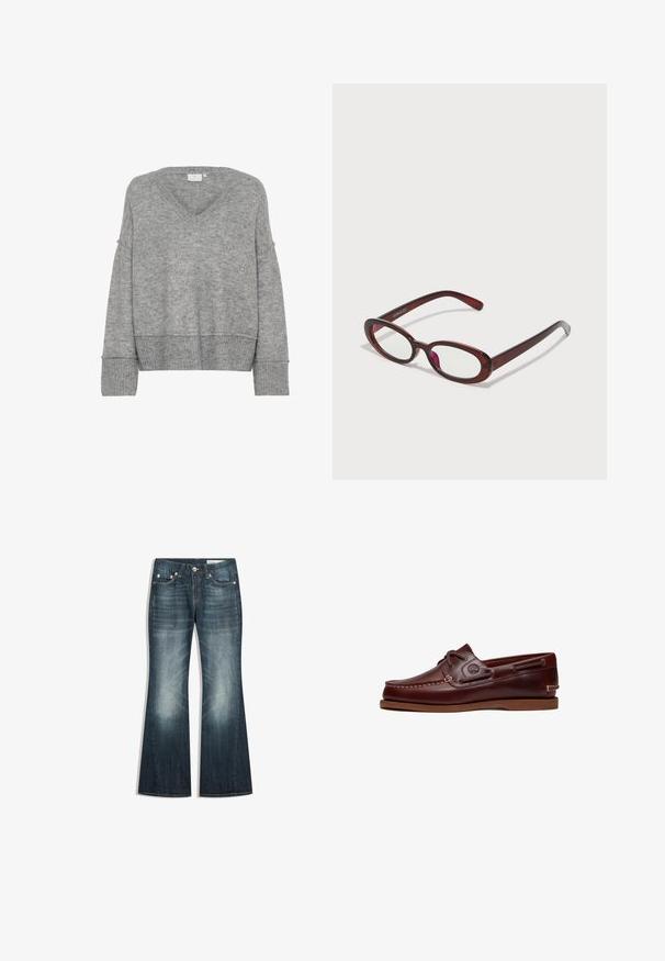 Grå striktrøje med V-hals, oversized pasform, brede ærmer og ribbede manchetter. Blød tekstur; sømløst design uden mønstre eller udsmykninger.; Mørkeblå bootcut-jeans med falmede områder på lår og knæ, fem-lomme-design og metalknaplukning.; Brun læder bådsko med snørre, syningsdetaljer og Timberland-logo på siden, vist på en hvid baggrund.; Ovale røde solbriller med klare linser og slanke brune stel. Designet har subtile kurver og minimalt hardware.