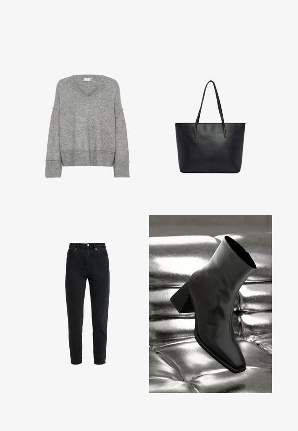 Grå striktrøje med V-hals, oversized pasform, brede ærmer og ribbede manchetter. Blød tekstur; sømløst design uden mønstre eller udsmykninger.; High-waist sort denim jeans med forreste knap og lynlås, to forlommer og en tilspidset ben foran på en hvid baggrund.; Sorte ankelstøvler lavet af glossy materiale med firkantet tå og spidse hæle, sat mod en skinnende sølv tuftet baggrund.; Sort tekstureret lædertaske med to lange skulderremme, rektangulær form og åben top.