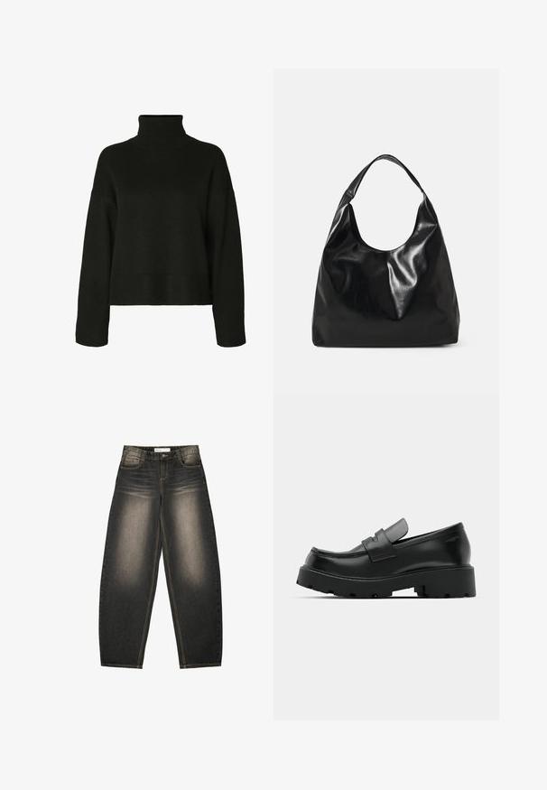 Sort rullekrave sweater lavet af strikket stof. Har lange ærmer, almindelig skuldersøm og ribbede kanter og manchetter for tekstur.; Grå denim bredbenede jeans med let lysning, fem lommer, kontraststing og en afslappet pasform. Ingen synlige mønstre eller udsmykninger.; Sorte læder loafers med en chunky tekstureret sål, der har en rem over vamps og en glat, poleret finish.; Sort læder hobo taske med en blød, skinnende tekstur og en rund, åben top. Har en bred, buet strop til bæring. Ingen synlig hardware.